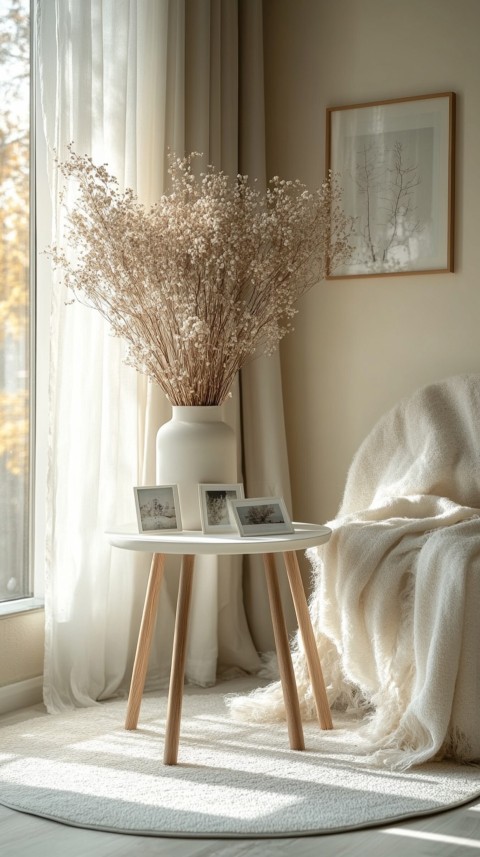 Circular White Table with a Vase of Dried Flowers and Polaroid Pictures – Feminine Blogger Aesthetic (162)