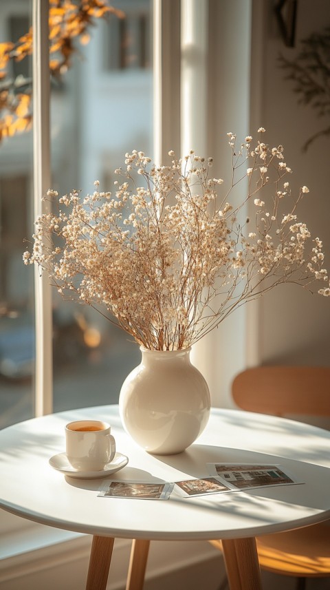 Circular White Table with a Vase of Dried Flowers and Polaroid Pictures – Feminine Blogger Aesthetic (166)