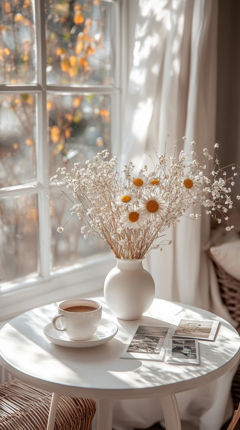 Circular White Table with a Vase of Dried Flowers and Polaroid Pictures – Feminine Blogger Aesthetic (152)