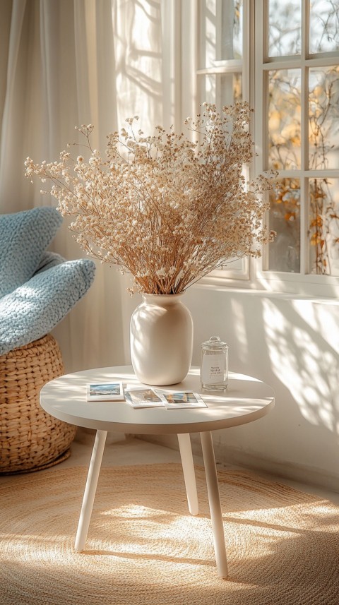 Circular White Table with a Vase of Dried Flowers and Polaroid Pictures – Feminine Blogger Aesthetic (156)