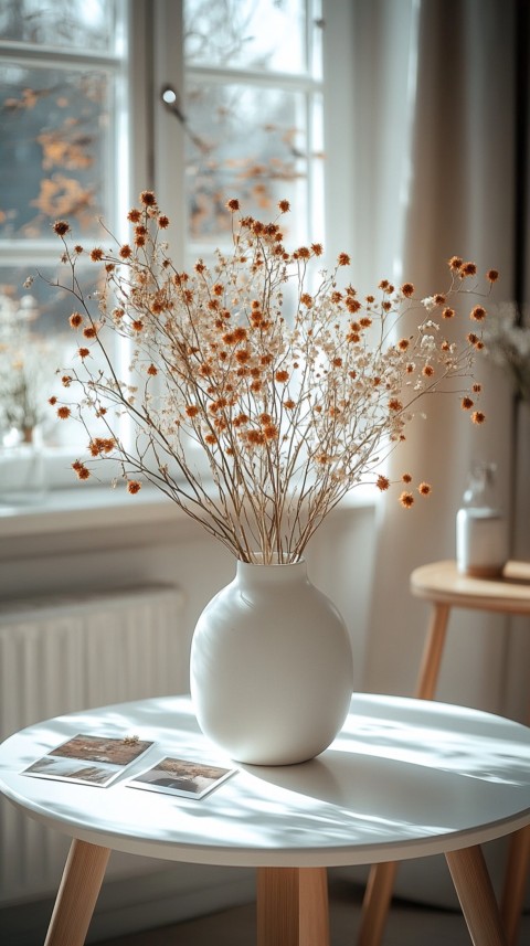 Circular White Table with a Vase of Dried Flowers and Polaroid Pictures – Feminine Blogger Aesthetic (168)