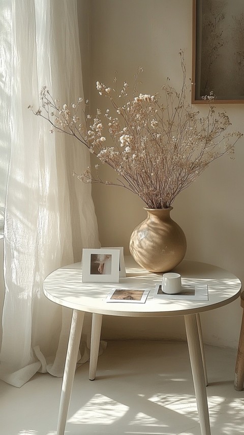 Circular White Table with a Vase of Dried Flowers and Polaroid Pictures – Feminine Blogger Aesthetic (160)