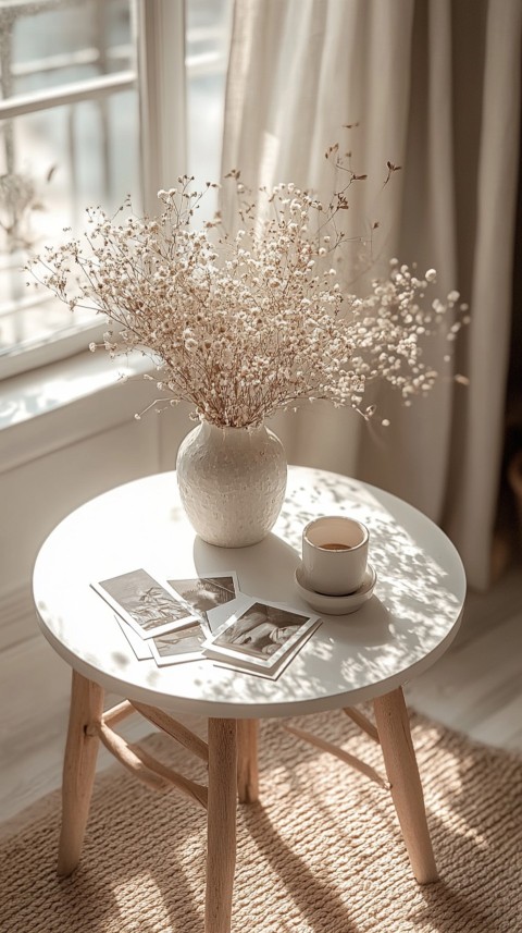 Circular White Table with a Vase of Dried Flowers and Polaroid Pictures – Feminine Blogger Aesthetic (153)