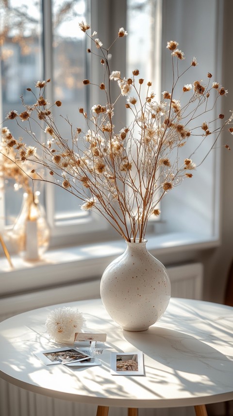 Circular White Table with a Vase of Dried Flowers and Polaroid Pictures – Feminine Blogger Aesthetic (158)