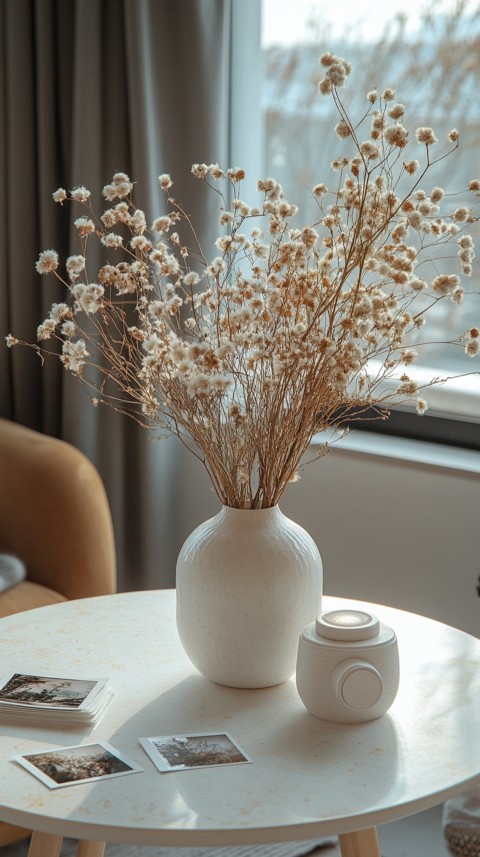 Circular White Table with a Vase of Dried Flowers and Polaroid Pictures – Feminine Blogger Aesthetic (161)