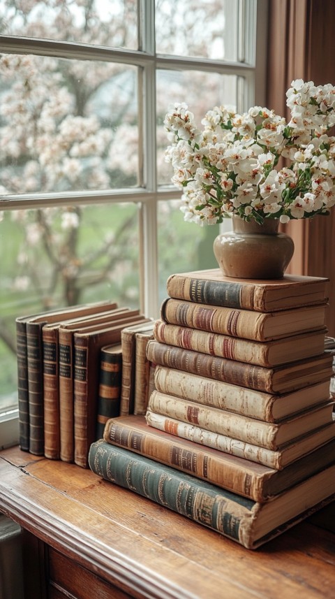 Front Shot of a Desk with Stacked Books – Feminine Blogger Aesthetic (2)