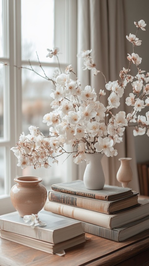 Front Shot of a Desk with Stacked Books – Feminine Blogger Aesthetic (45)