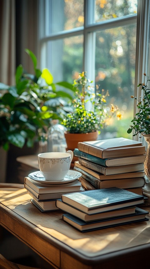 Front Shot of a Desk with Stacked Books – Feminine Blogger Aesthetic (49)