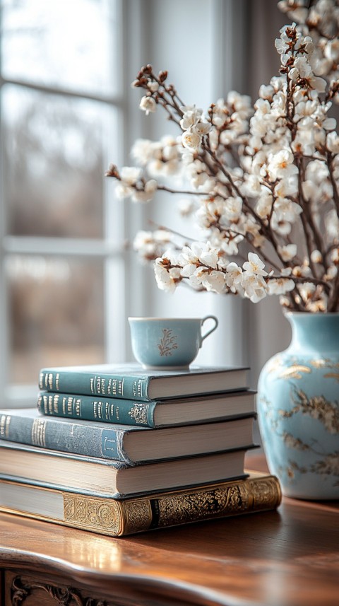 Front Shot of a Desk with Stacked Books – Feminine Blogger Aesthetic (23)