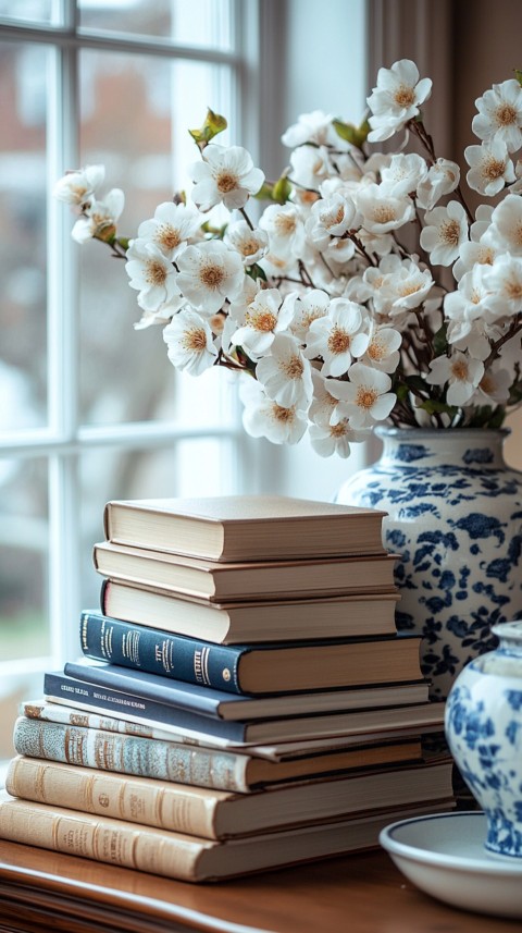 Front Shot of a Desk with Stacked Books – Feminine Blogger Aesthetic (25)