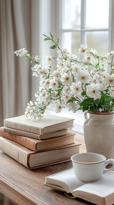 Front Shot of a Desk with Stacked Books – Feminine Blogger Aesthetic (47)