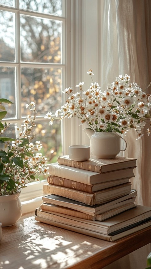 Front Shot of a Desk with Stacked Books – Feminine Blogger Aesthetic (48)