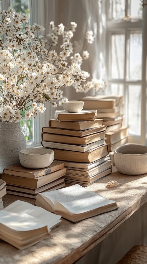 Front Shot of a Desk with Stacked Books – Feminine Blogger Aesthetic (50)