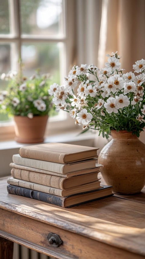 Front Shot of a Desk with Stacked Books – Feminine Blogger Aesthetic (55)