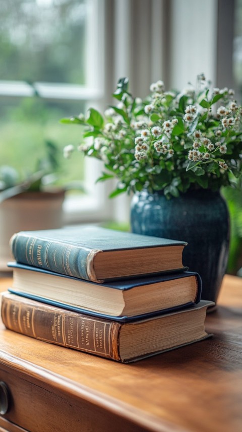 Front Shot of a Desk with Stacked Books – Feminine Blogger Aesthetic (67)