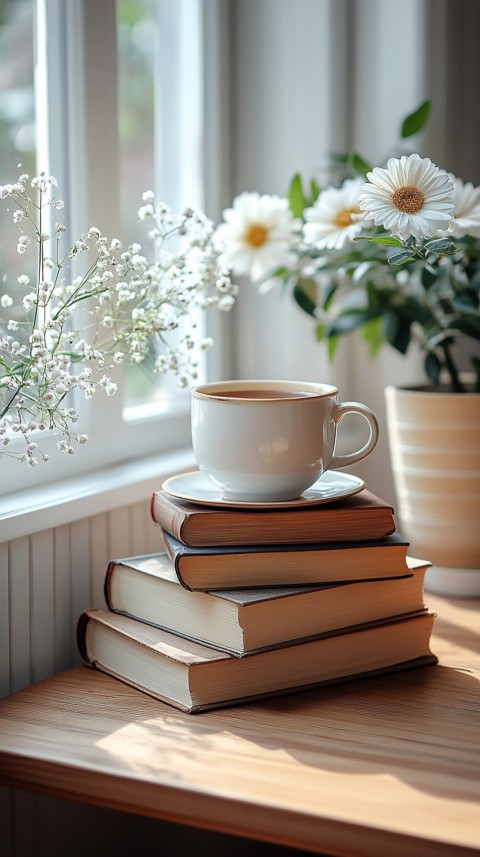 Front Shot of a Desk with Stacked Books – Feminine Blogger Aesthetic (98)