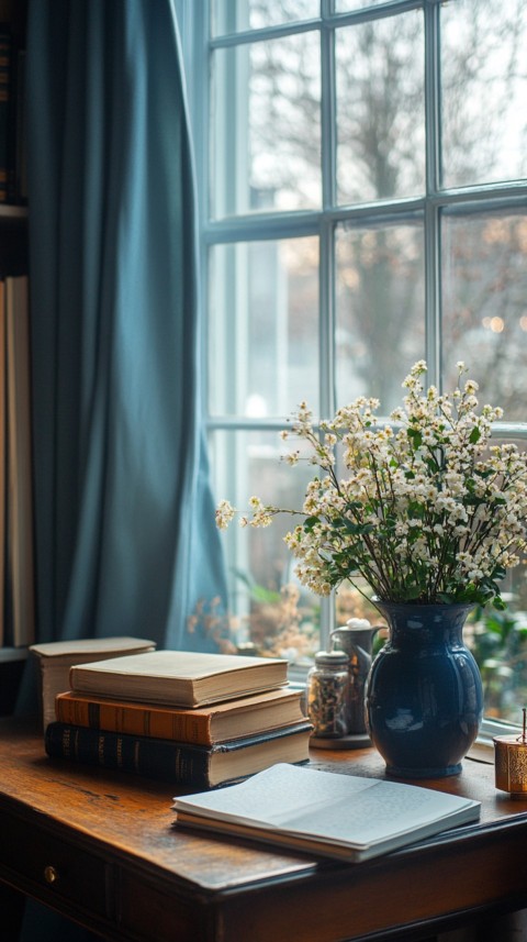 Front Shot of a Desk with Stacked Books – Feminine Blogger Aesthetic (85)