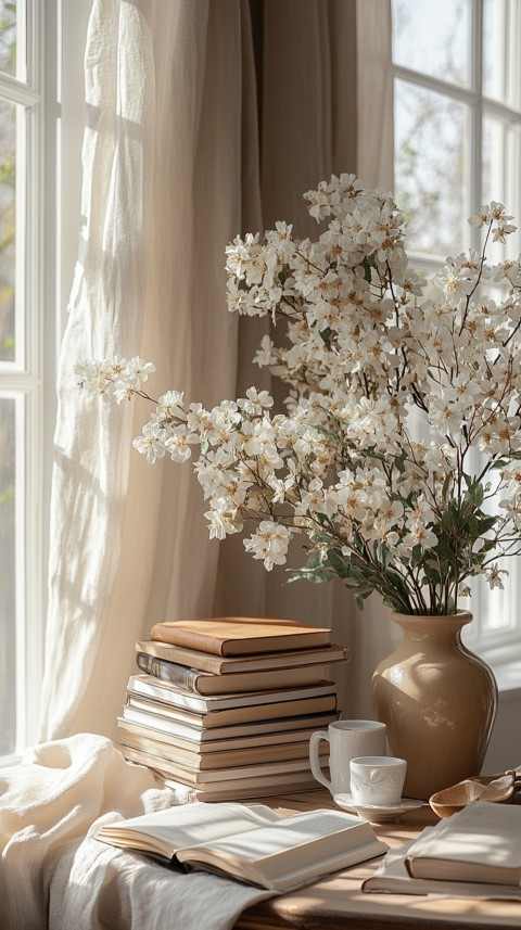 Front Shot of a Desk with Stacked Books – Feminine Blogger Aesthetic (79)