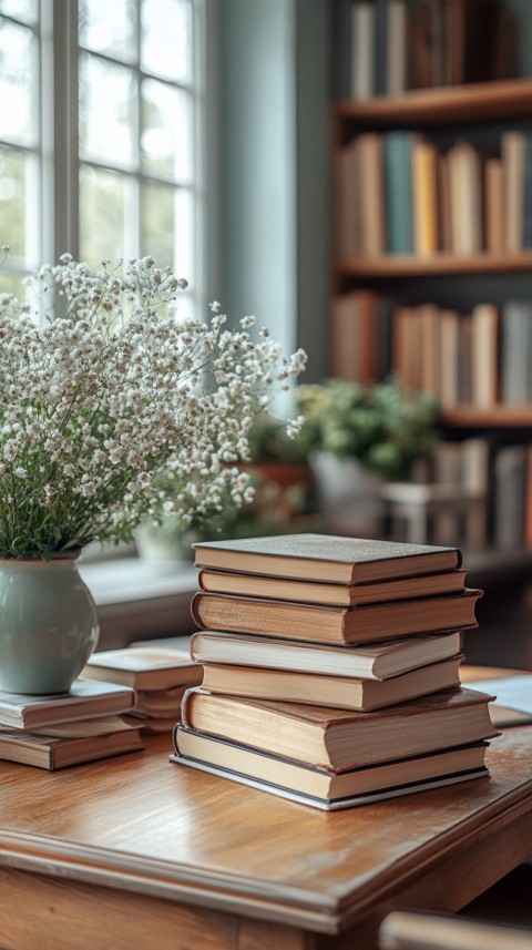 Front Shot of a Desk with Stacked Books – Feminine Blogger Aesthetic (60)