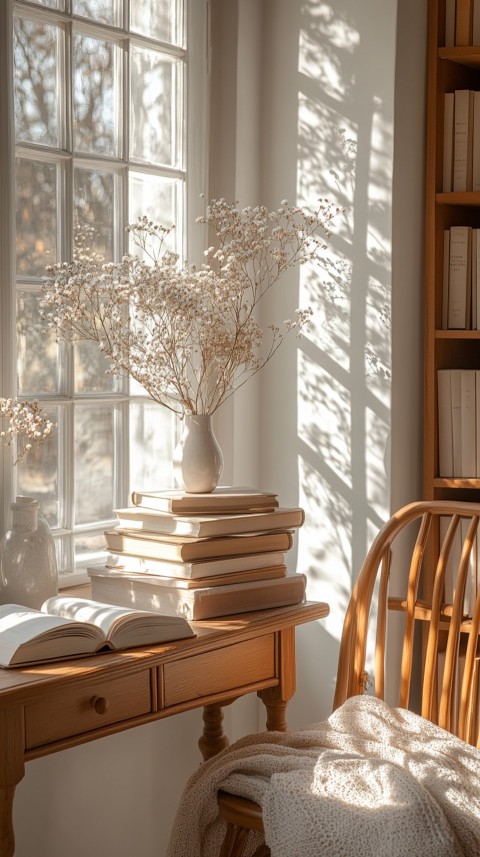 Front Shot of a Desk with Stacked Books – Feminine Blogger Aesthetic (75)