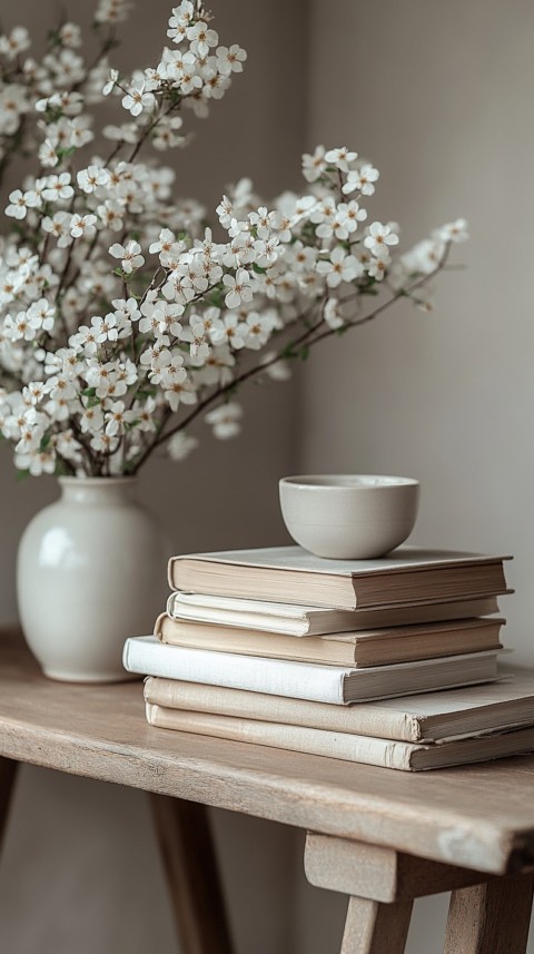 Front Shot of a Desk with Stacked Books – Feminine Blogger Aesthetic (105)