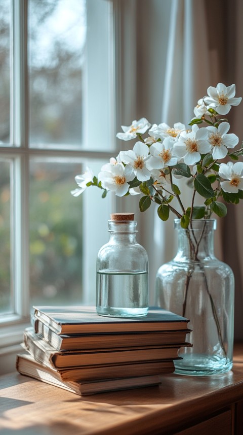 Front Shot of a Desk with Stacked Books – Feminine Blogger Aesthetic (110)