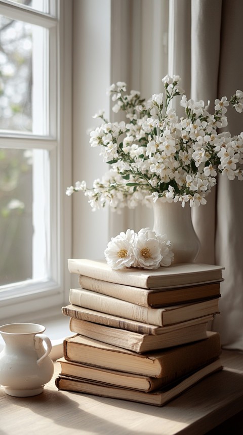 Front Shot of a Desk with Stacked Books – Feminine Blogger Aesthetic (112)