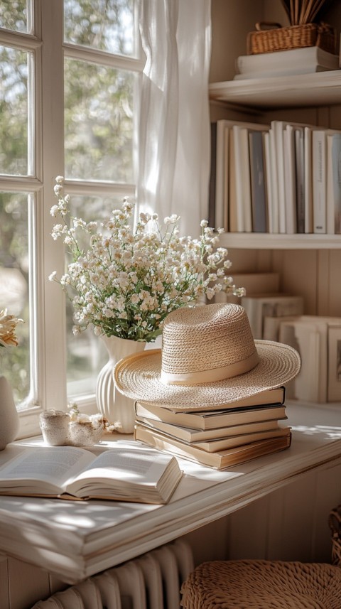 Front Shot of a Desk with Stacked Books – Feminine Blogger Aesthetic (115)