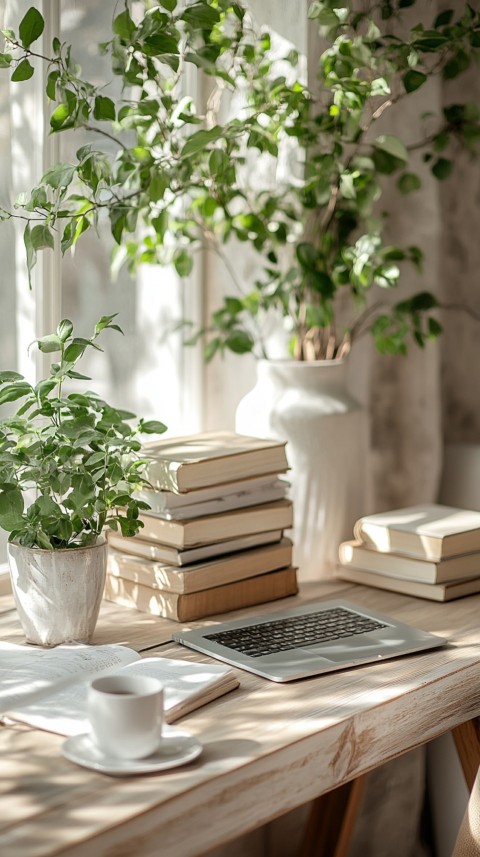 Front Shot of a Desk with Stacked Books – Feminine Blogger Aesthetic (108)