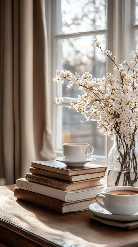 Front Shot of a Desk with Stacked Books – Feminine Blogger Aesthetic (120)