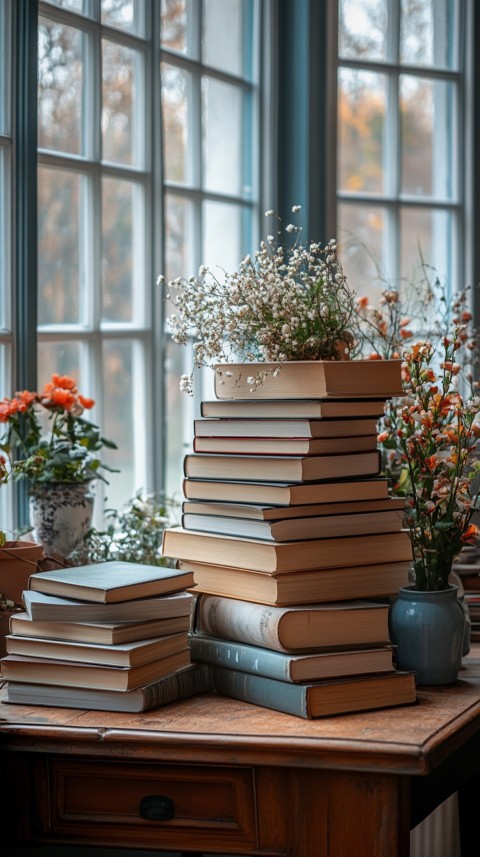 Front Shot of a Desk with Stacked Books – Feminine Blogger Aesthetic (118)