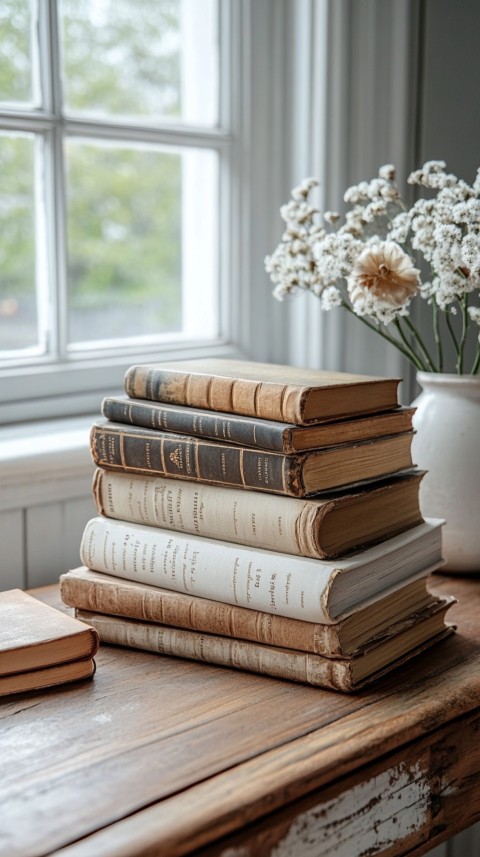 Front Shot of a Desk with Stacked Books – Feminine Blogger Aesthetic (136)