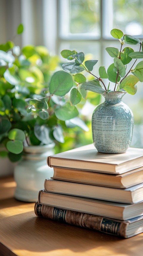 Front Shot of a Desk with Stacked Books – Feminine Blogger Aesthetic (131)