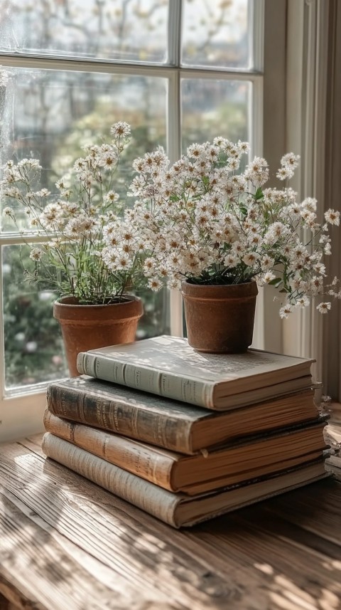 Front Shot of a Desk with Stacked Books – Feminine Blogger Aesthetic (130)