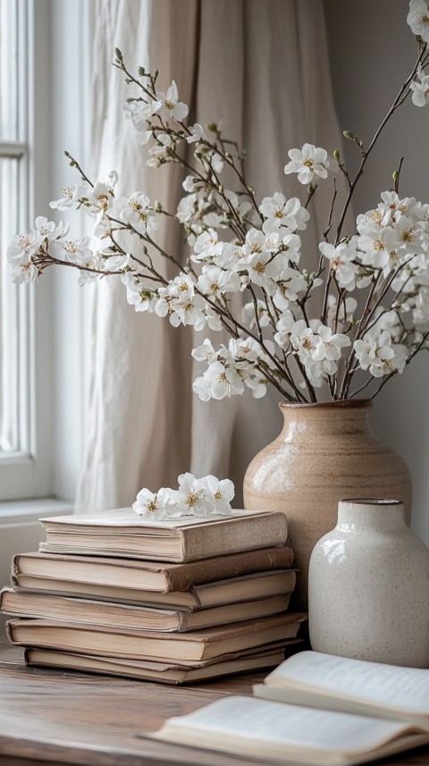 Front Shot of a Desk with Stacked Books – Feminine Blogger Aesthetic (143)