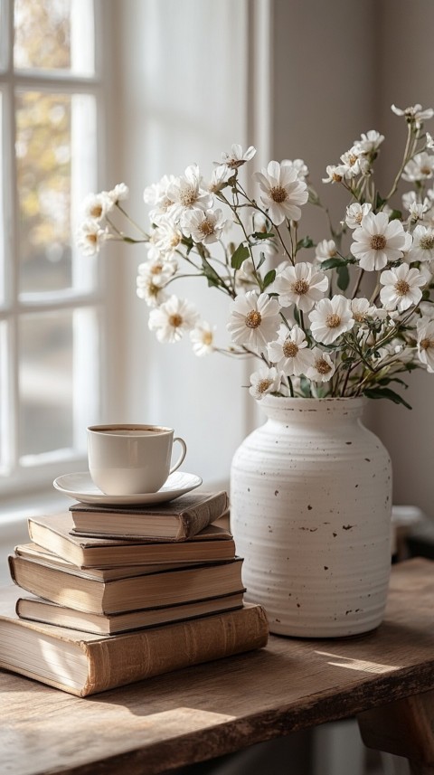 Front Shot of a Desk with Stacked Books – Feminine Blogger Aesthetic (146)