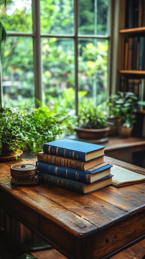 Front Shot of a Desk with Stacked Books – Feminine Blogger Aesthetic (147)