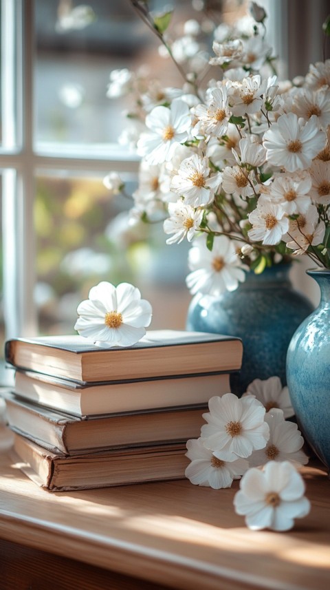 Front Shot of a Desk with Stacked Books – Feminine Blogger Aesthetic (137)