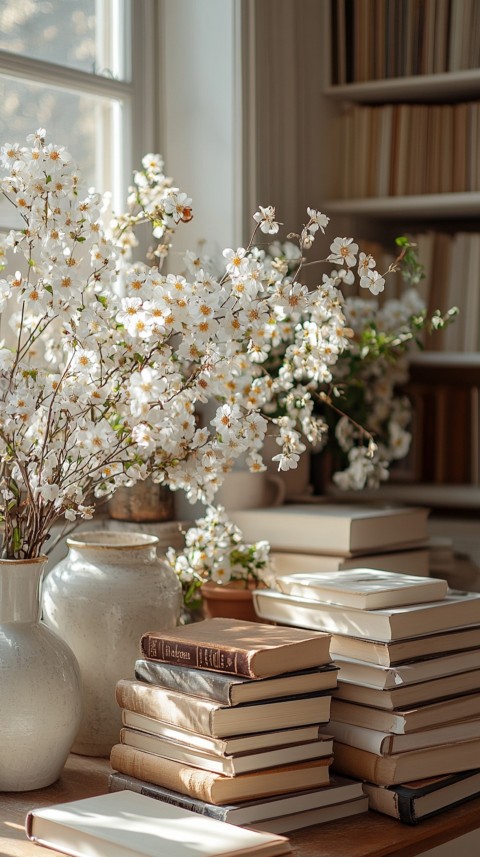 Front Shot of a Desk with Stacked Books – Feminine Blogger Aesthetic (145)