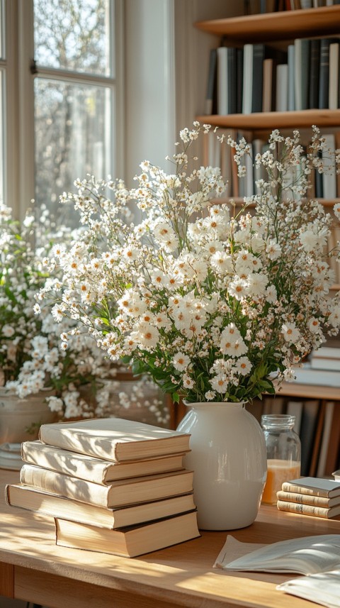 Front Shot of a Desk with Stacked Books – Feminine Blogger Aesthetic (125)