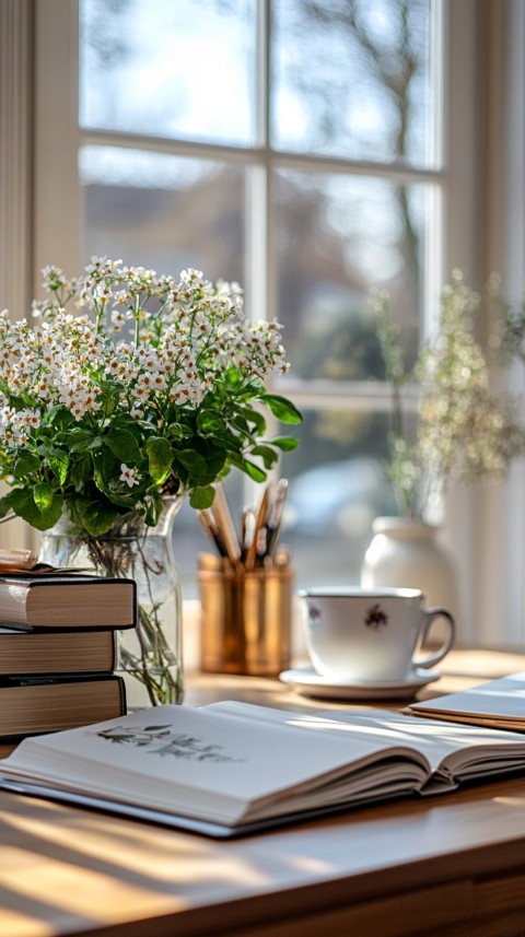 Front Shot of a Desk with Stacked Books – Feminine Blogger Aesthetic (199)