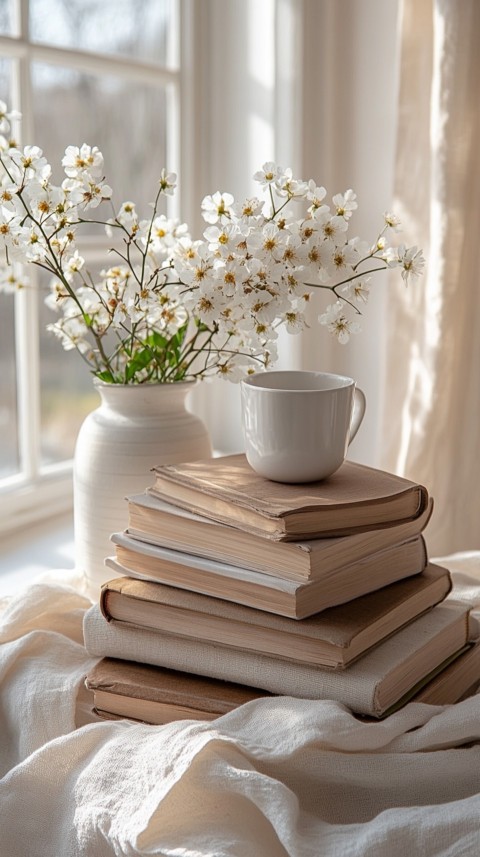 Front Shot of a Desk with Stacked Books – Feminine Blogger Aesthetic (191)