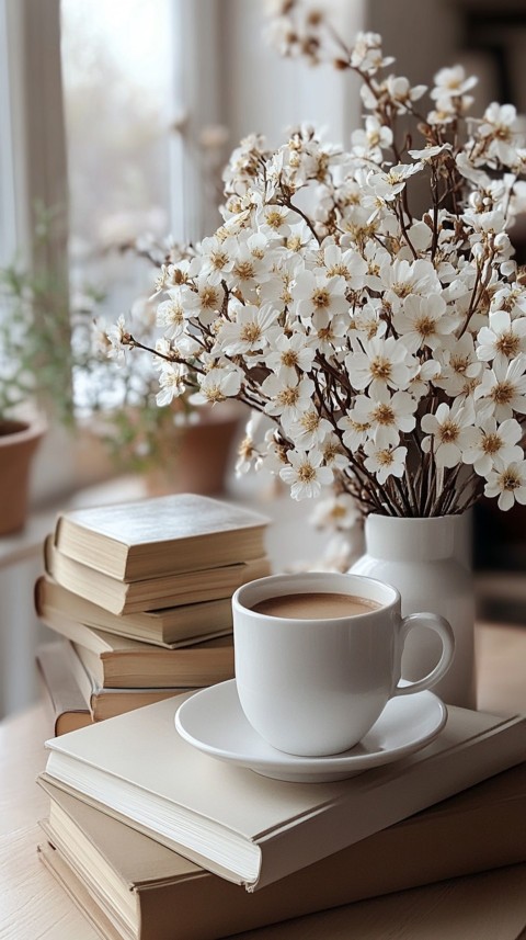 Front Shot of a Desk with Stacked Books – Feminine Blogger Aesthetic (160)