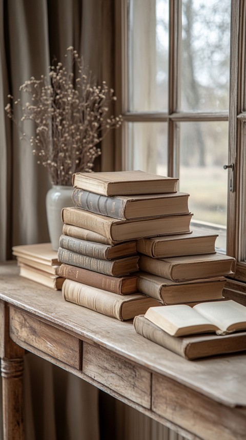 Front Shot of a Desk with Stacked Books – Feminine Blogger Aesthetic (193)