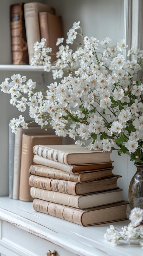 Front Shot of a Desk with Stacked Books – Feminine Blogger Aesthetic (198)