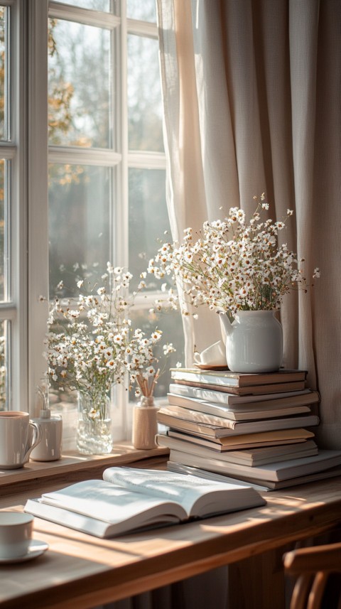 Front Shot of a Desk with Stacked Books – Feminine Blogger Aesthetic (196)