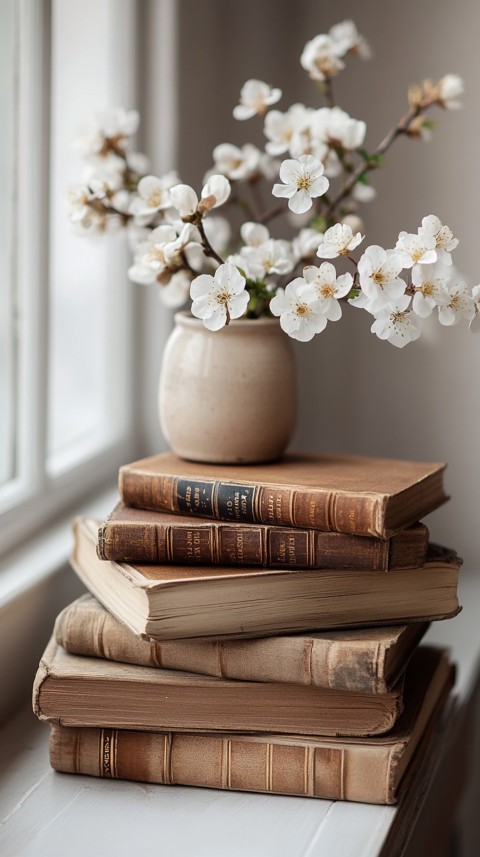 Front Shot of a Desk with Stacked Books – Feminine Blogger Aesthetic (179)