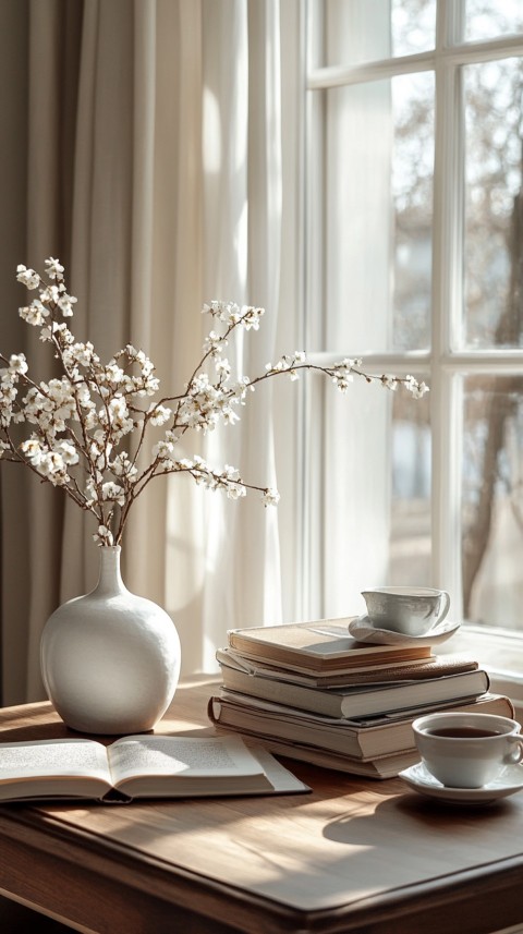 Front Shot of a Desk with Stacked Books – Feminine Blogger Aesthetic (174)