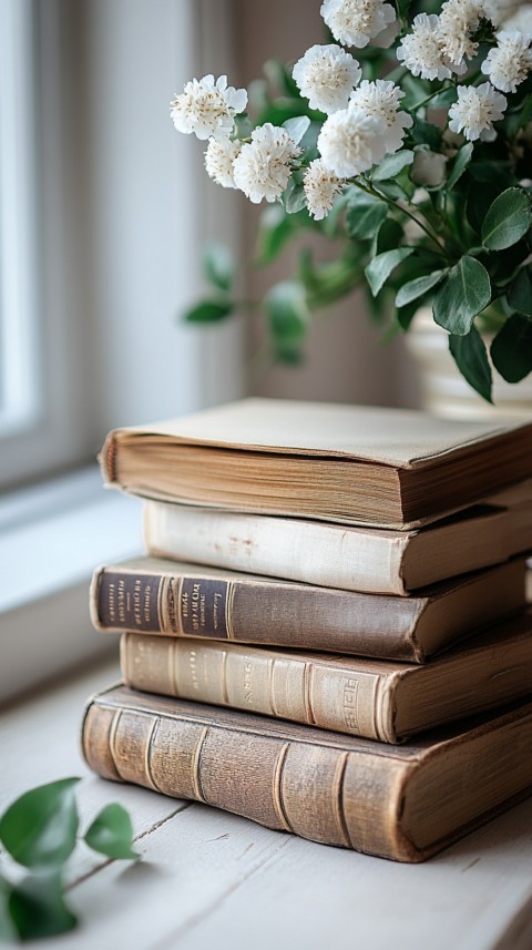 Front Shot of a Desk with Stacked Books – Feminine Blogger Aesthetic (156)