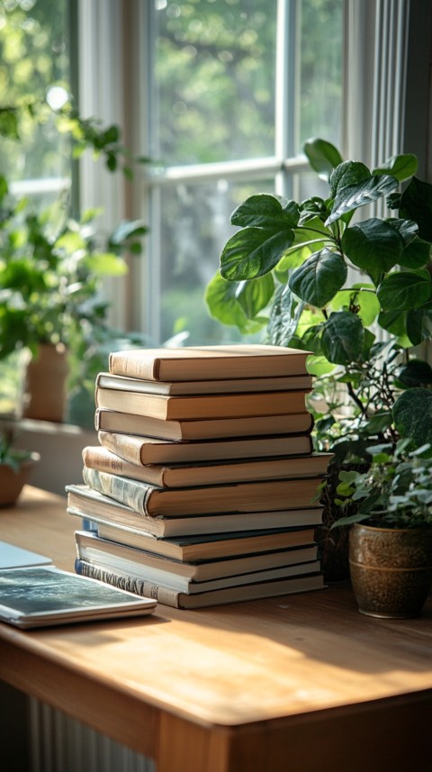 Front Shot of a Desk with Stacked Books – Feminine Blogger Aesthetic (189)